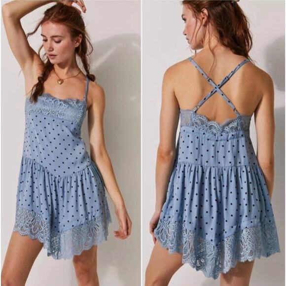 Free People Intimately Trapeze Slip Dress Blue Polka Dot Lace - Picture 1 of 4